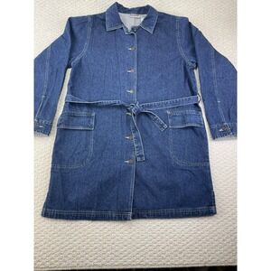 Vintage Bill Blass Denim Coat Women Large Blue 90s Cotton Belted Long Jacket